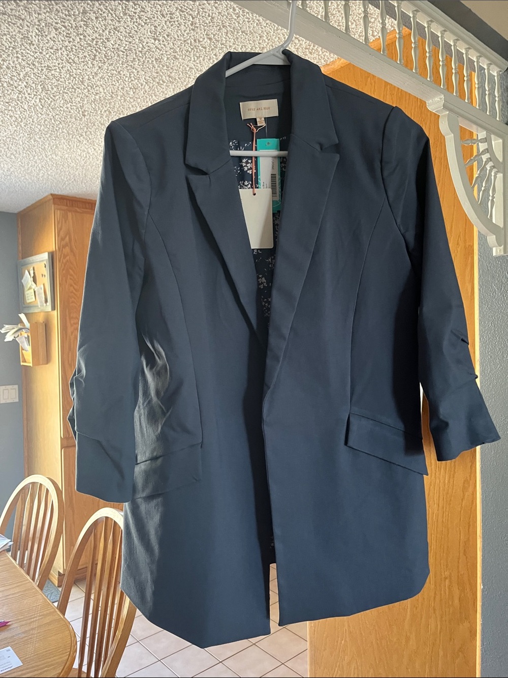 Skies Are Blue Navy Longline Blazer with 3/4 Sleeves